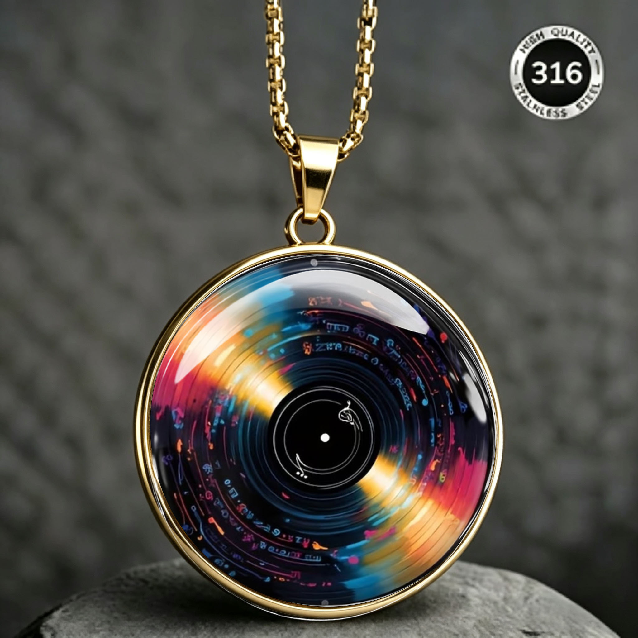 Colorful Vinyl Record Pattern Stainless Steel Necklace